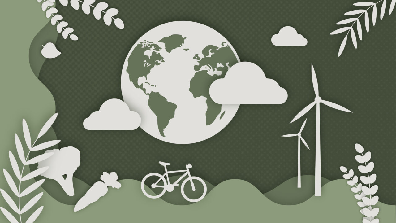 An green and white illustration of a globe, a wind turbines, a bicycle, and crops.