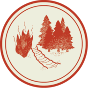 A circular icon illustrating a fireline blocking a blaze from a forest