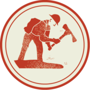 A circular icon illustrating a firefighter using an axe