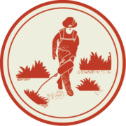 A circular icon illustrating a firefighter working among brush