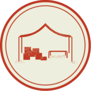 A circular icon illustrating a campsite