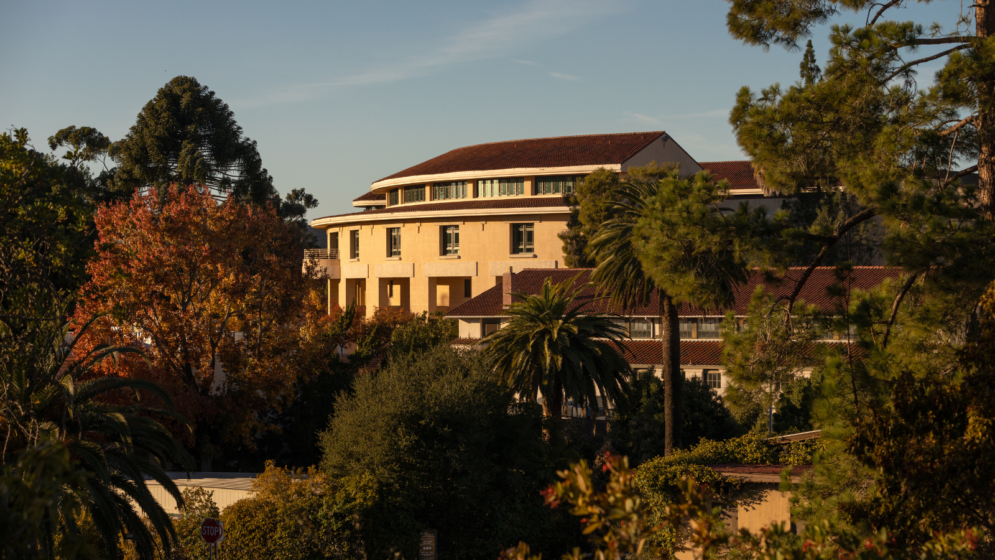 Cal Poly's business building amidst trees