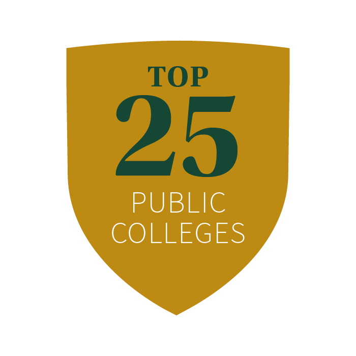 A gold shield with the words Top 25 Public Colleges