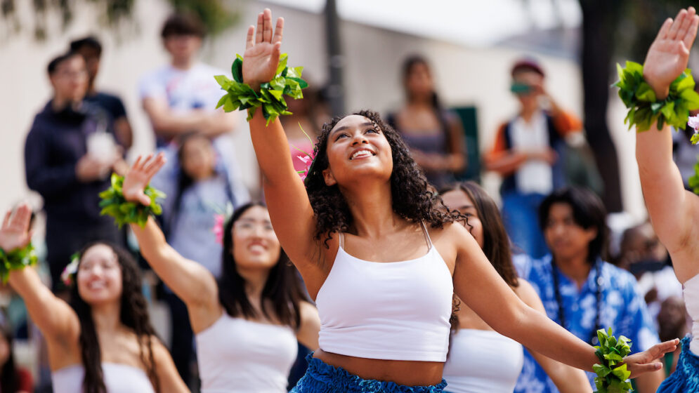 Students perform a hula dance during a cultural event in Cal Poly's University Union