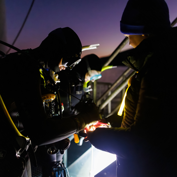 Two divers wearing back scuba gear work with a team member on the pier before entering the water at night