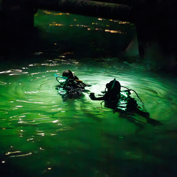 Two scuba divers in the water at night illuminated by a handheld flashlight