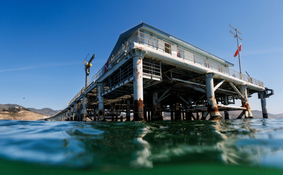 A view of the Cal Poly Pier from the Pacific Ocean waters just offshore