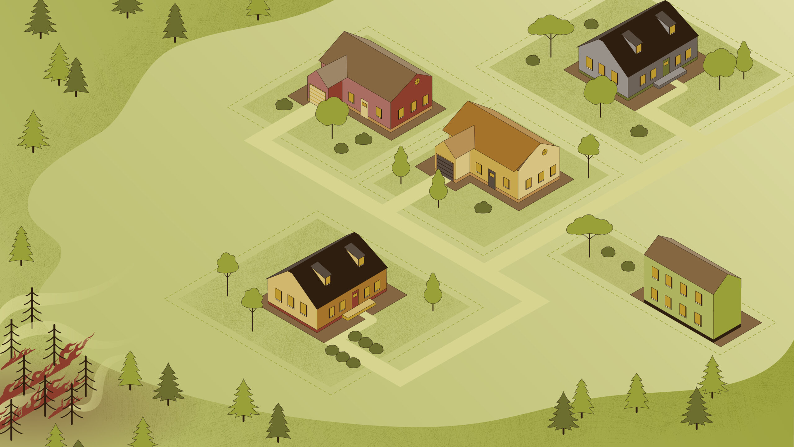 An illustration of a group of houses surrounded by trees as a fire approaches