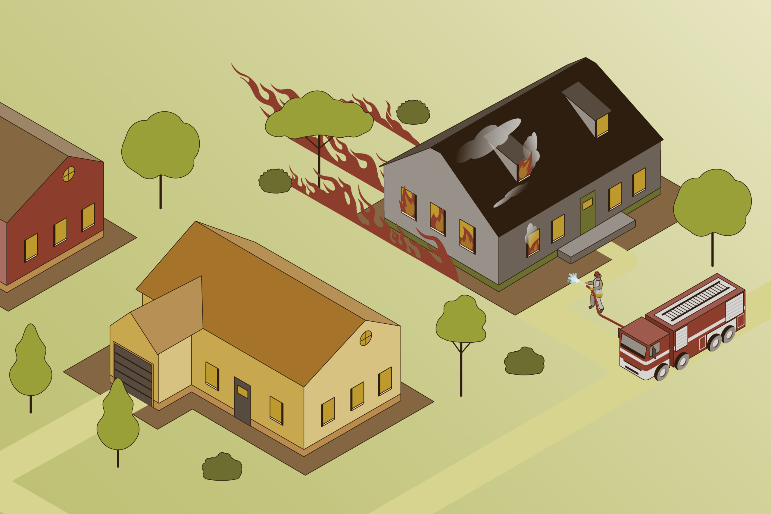 An illustration of a home on fire with a fire truck and firefighters battling the flames