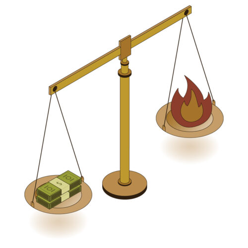 An illustration of scales balancing a stack of money and a flame