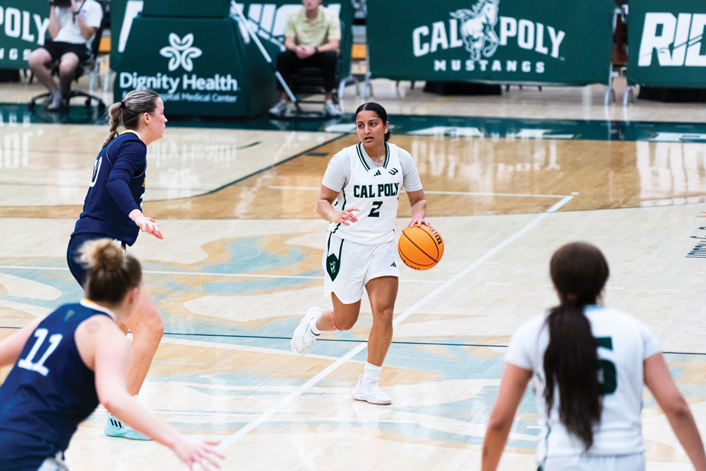 Annika Shah dribbles the ball across the basketball court in Mott Gym