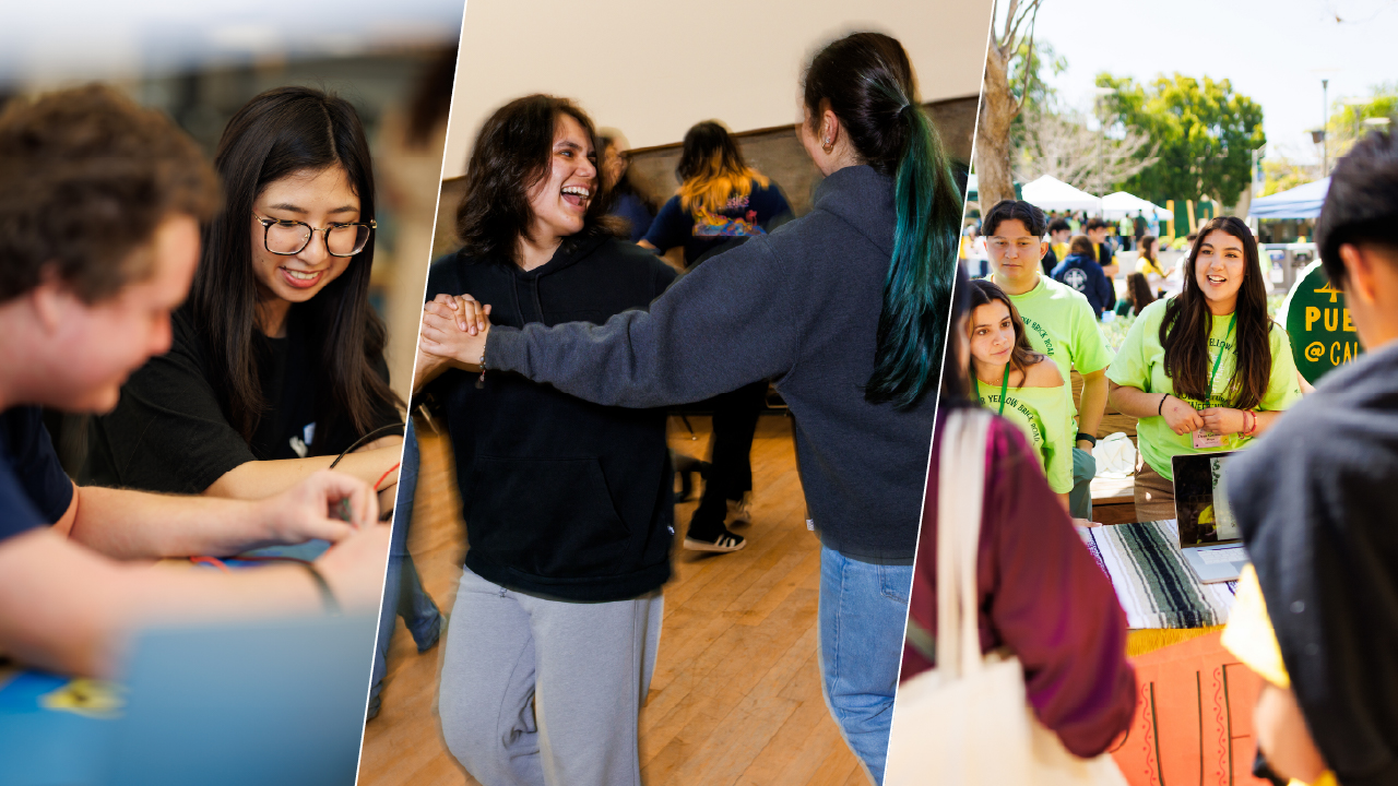A three-photo collage of students working, dancing and talking on campus