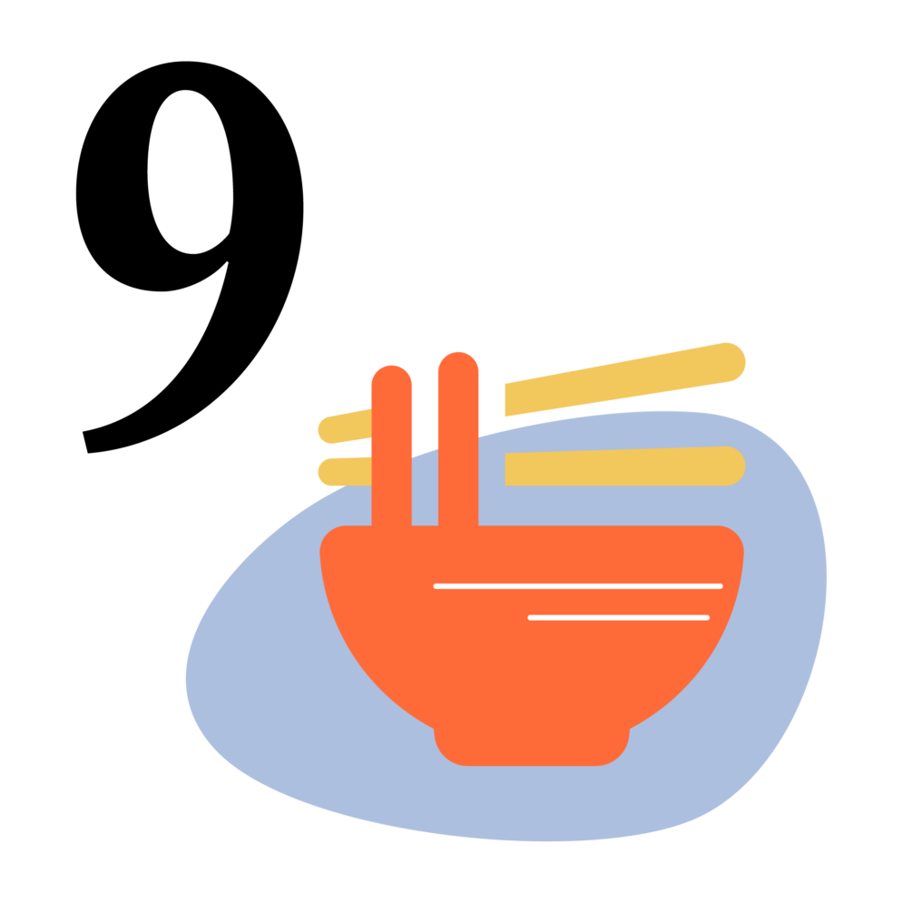 An illustrated bowl of noodles with chopsticks, next to the number 9