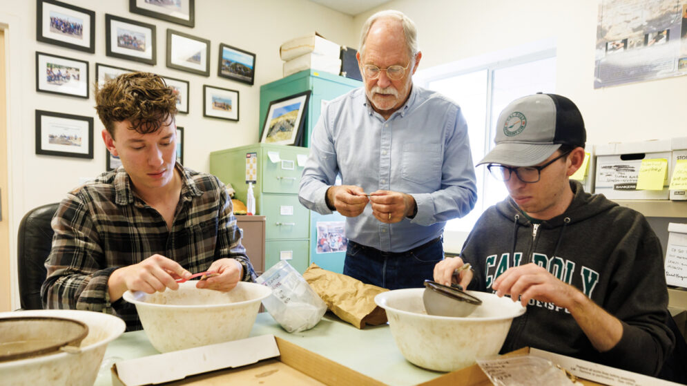 Two students and a faculty member clean and examine artifacts using hand-held tools and bowls in a lab