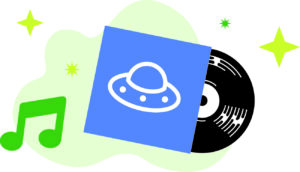 An illustration of musical notes, stars and a record with an alien spaceship on its cover.
