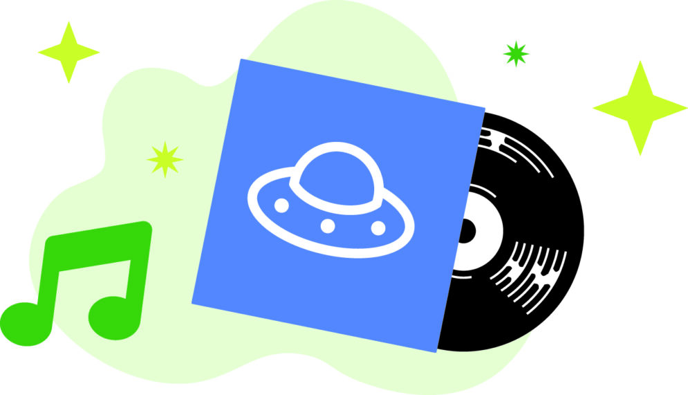 An illustration of musical notes, stars and a record with an alien spaceship on its cover.
