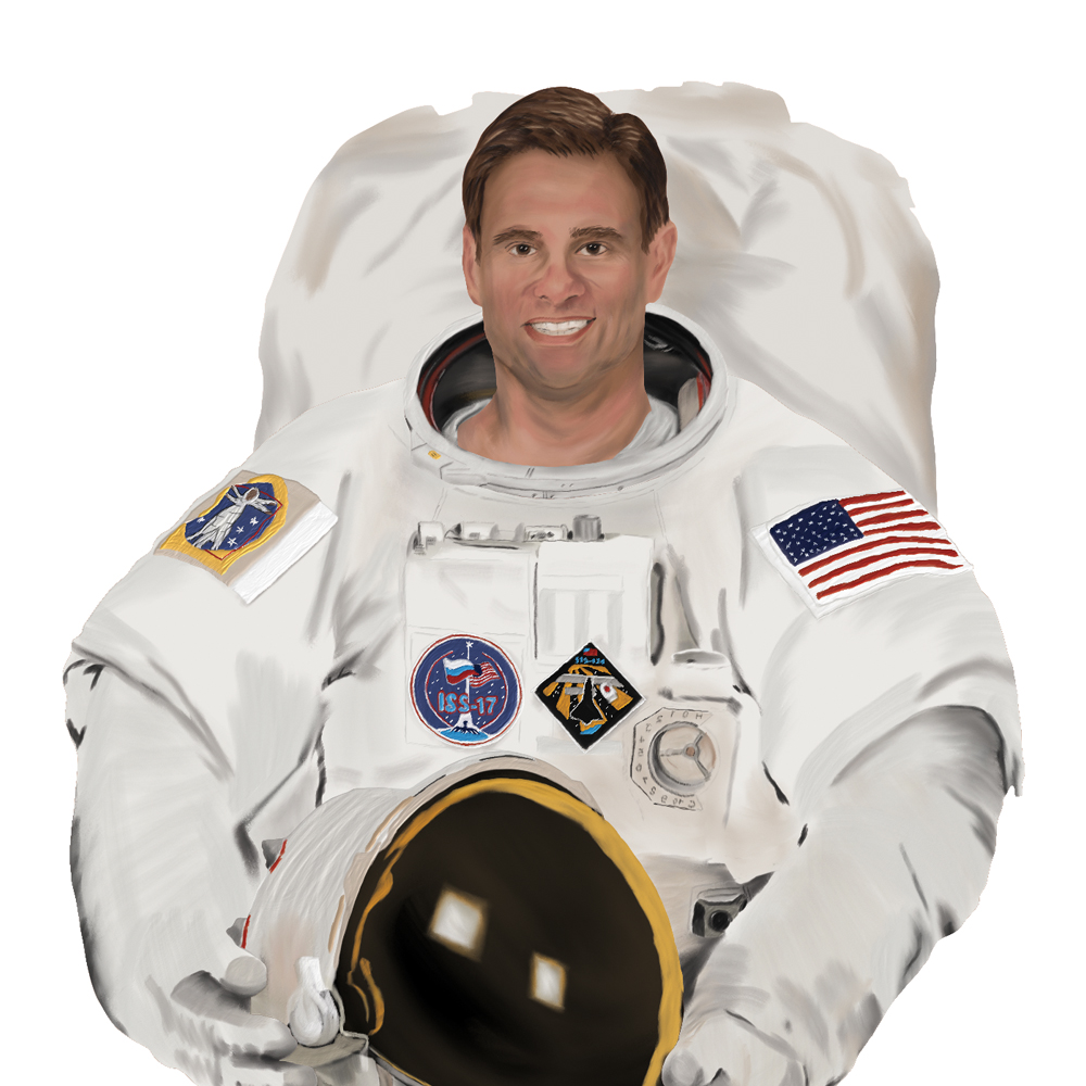 An illustration of astronaut Greg Chamitoff in a white space suit with a helmet