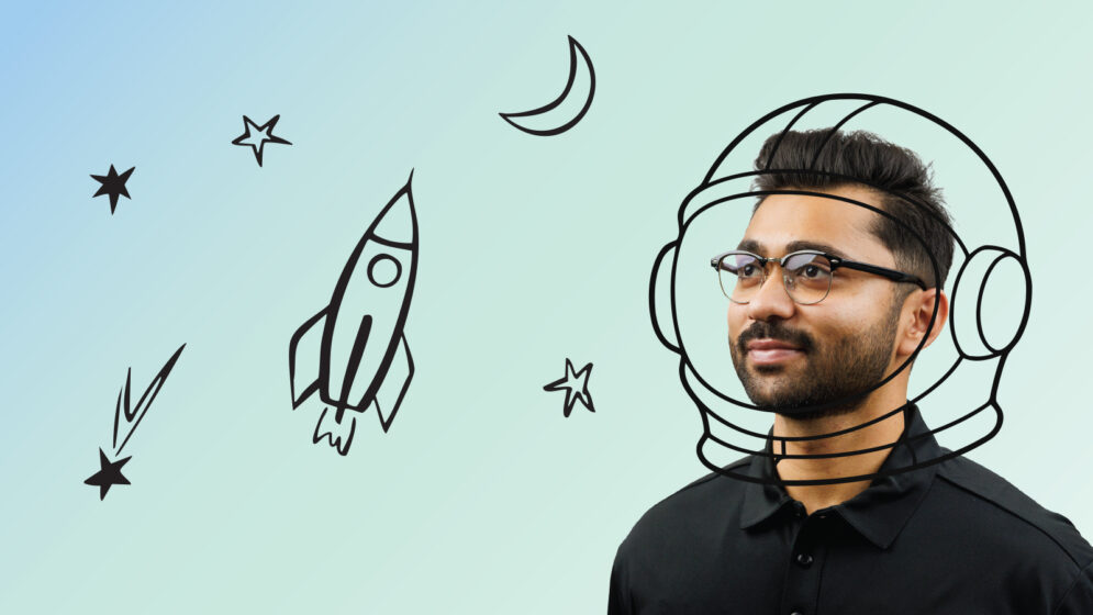 A portrait of Kanan Thummar with an illustrated space helmet and drawings of stars, moons and rockets.