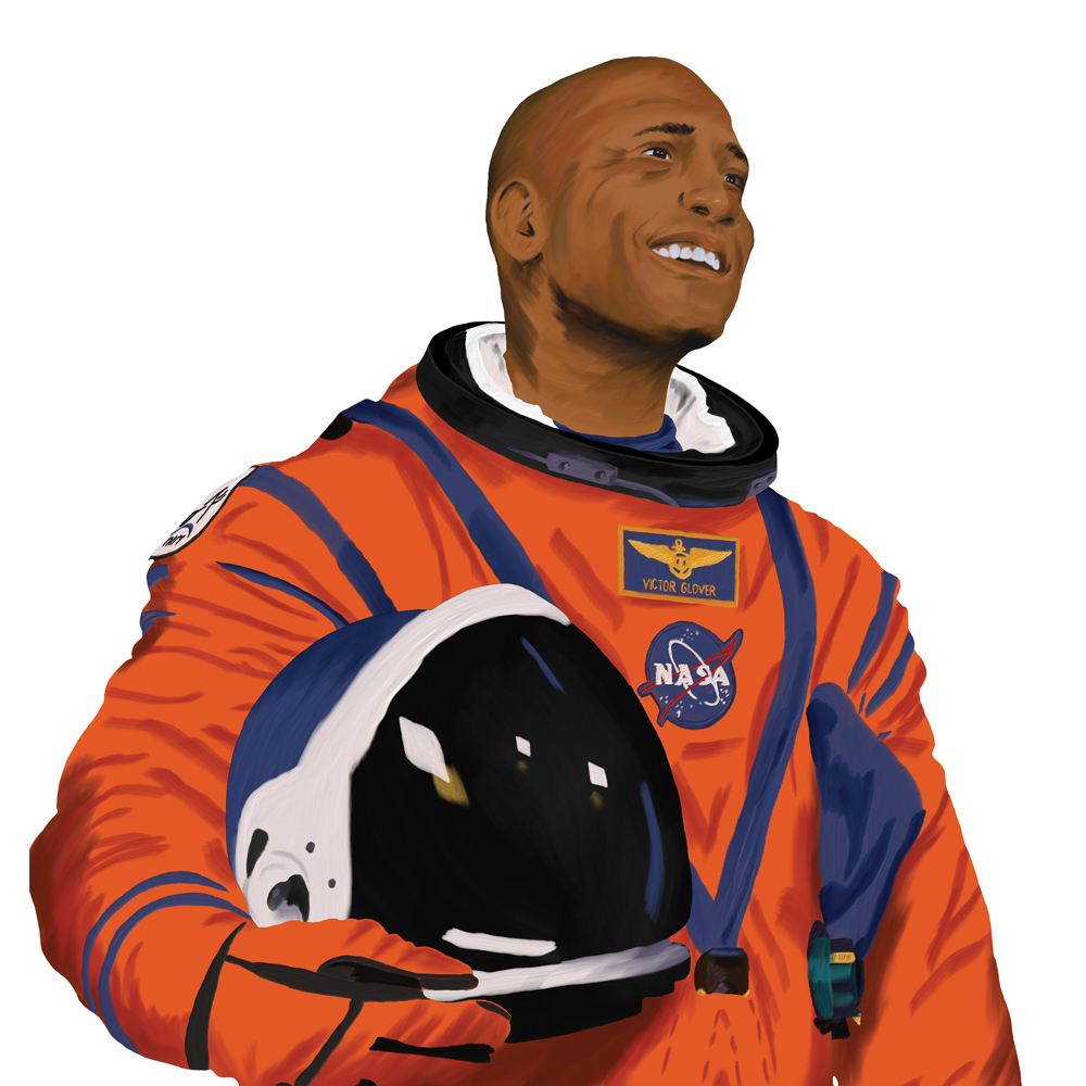 An illustration of astronaut Victor Glover in an orange space suit carrying a helmet