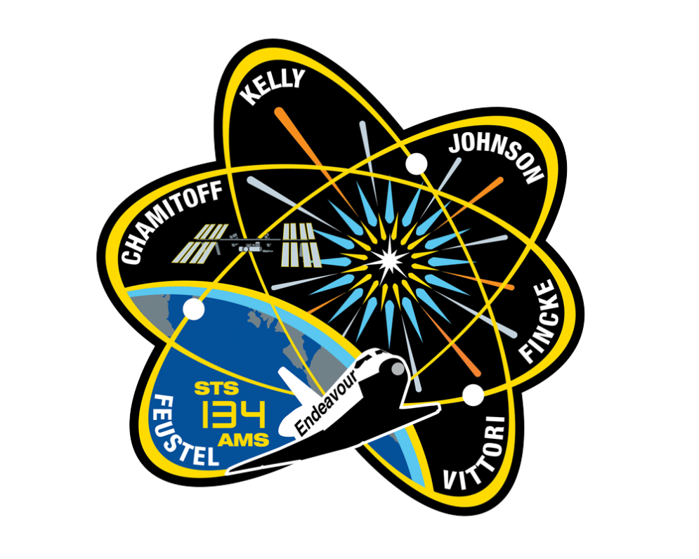 A patch commemorating STS 134 of the space shuttle Endeavour, featuring the shuttle, a starburst and the astronauts' names.