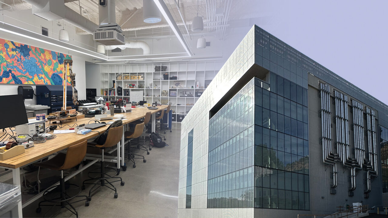 A collage of images from the Jet Propulsion Laboratory campus, including a maker space and a building exterior.