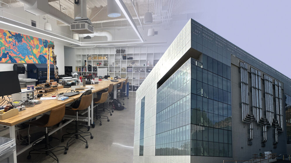 A collage of images from the Jet Propulsion Laboratory campus, including a maker space and a building exterior.