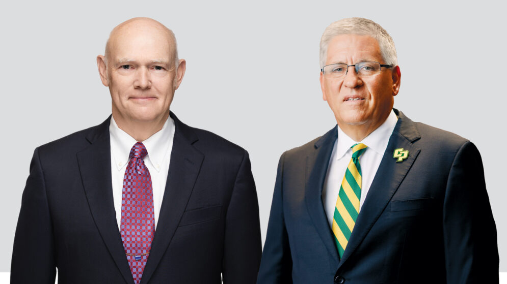 Head shots of United Launch Alliance CEO Tory Bruno and Cal Poly President Jeffrey D. Armstrong.