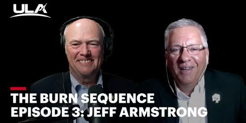 The podcast thumbnail of The Burn Sequence Episode 3, featuring photos of Tory Bruno and Cal Poly President Jeffrey D. Armstrong