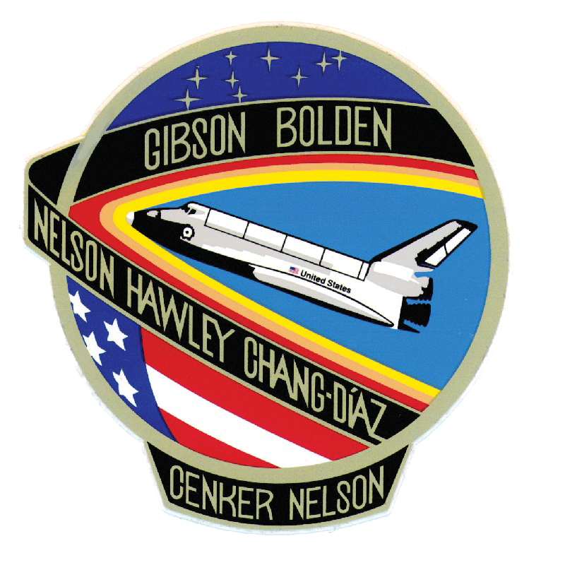 The patch for space shuttle Columbia's voyage to space in 1986, featuring stars, the shuttle, an American flag and the names of three astronauts.