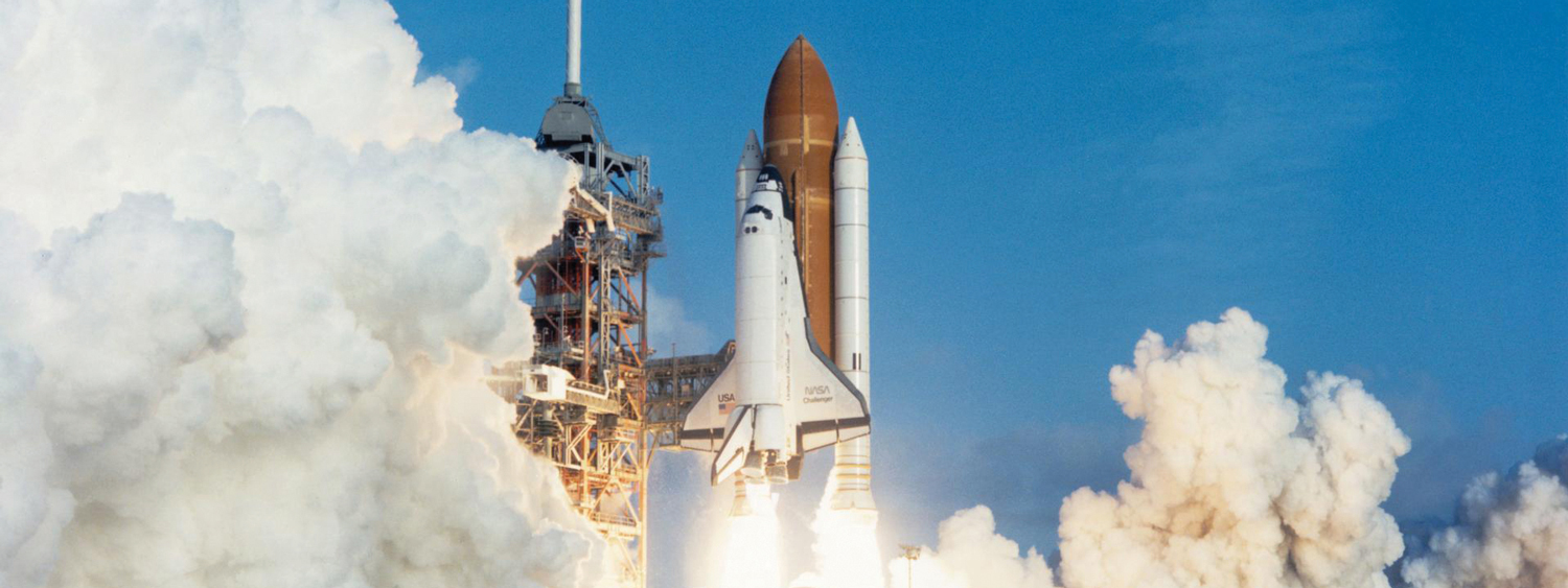 The space shuttle Challenger lifts off from the launch pad in 1984.