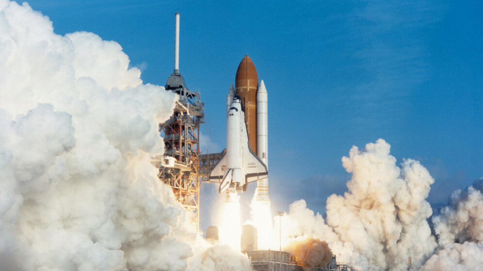 The space shuttle Challenger lifts off in 1984.