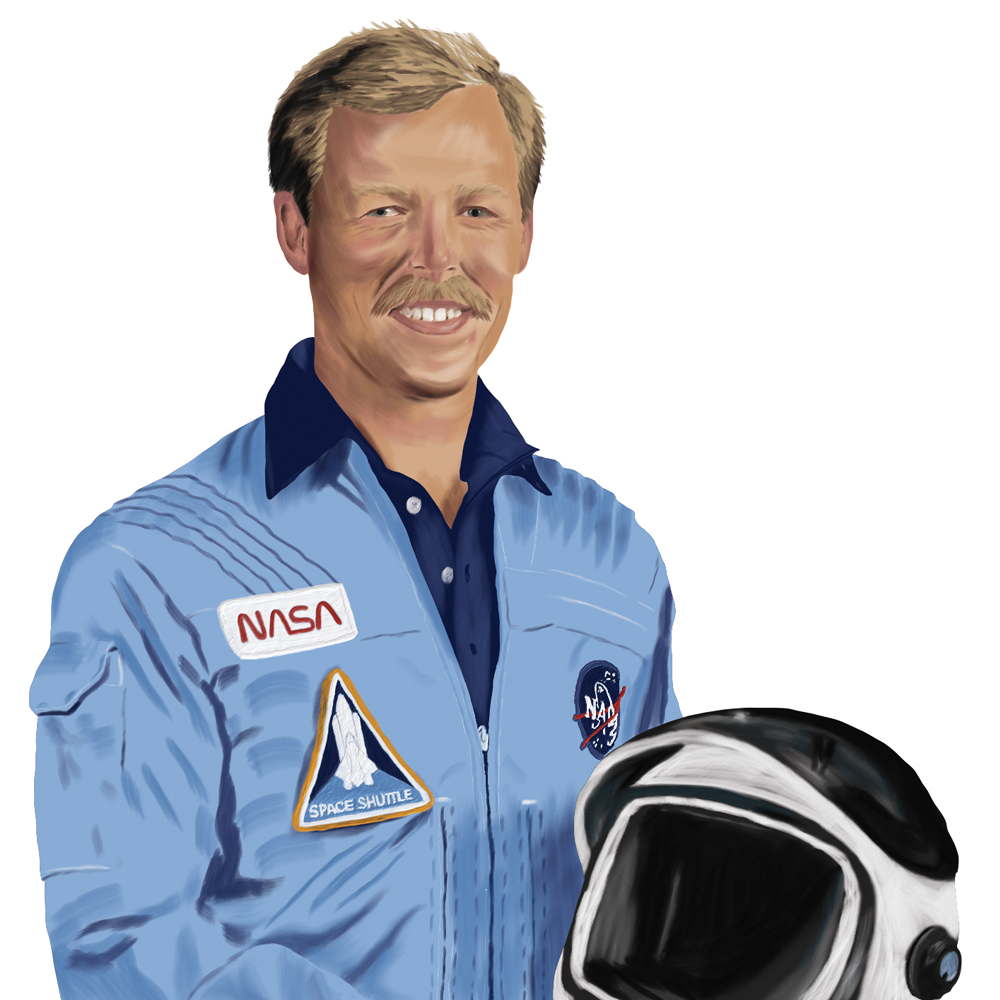 An illustration of astronaut Robert "Hoot" Gibson wearing a blue flight suit and holding a helmet