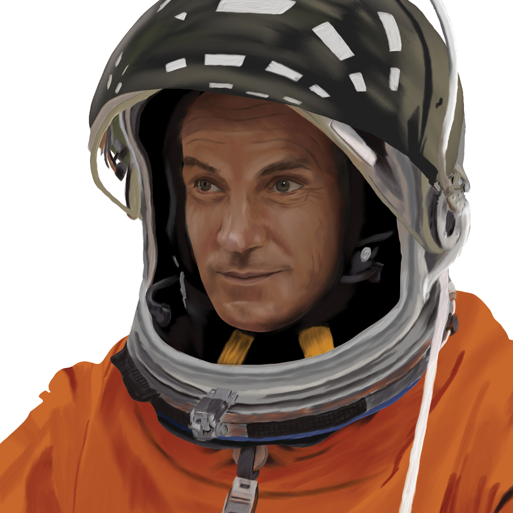 An illustration of astronaut Rick "CJ" Sturckow in an orange space suit wearing a helmet