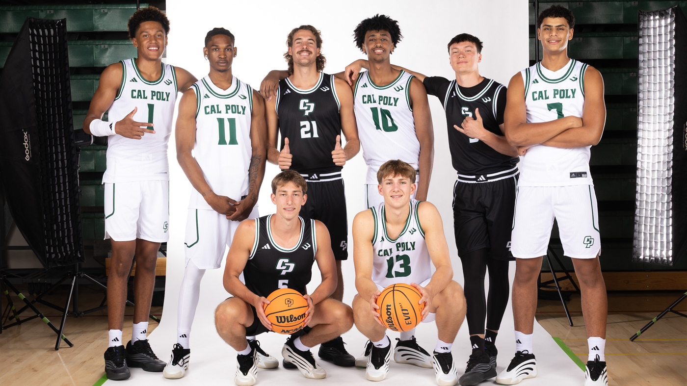 A portrait of eight Cal Poly Men's Basketball players in uniform