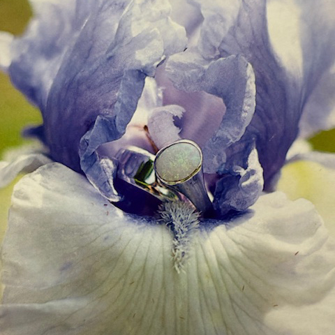 Two handmade silver rings in a purple flower
