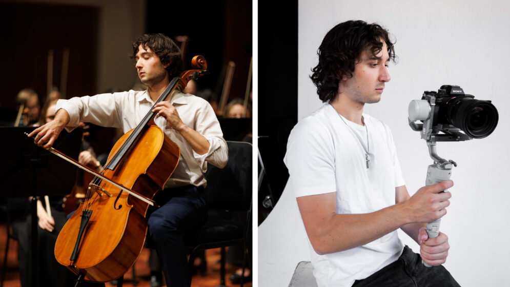 Two images of a student playing cello and photographing a subject
