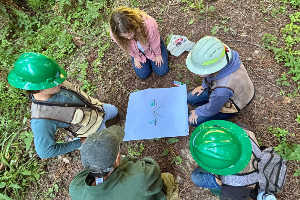 Five students kneel around a piece of paper on the forest floor