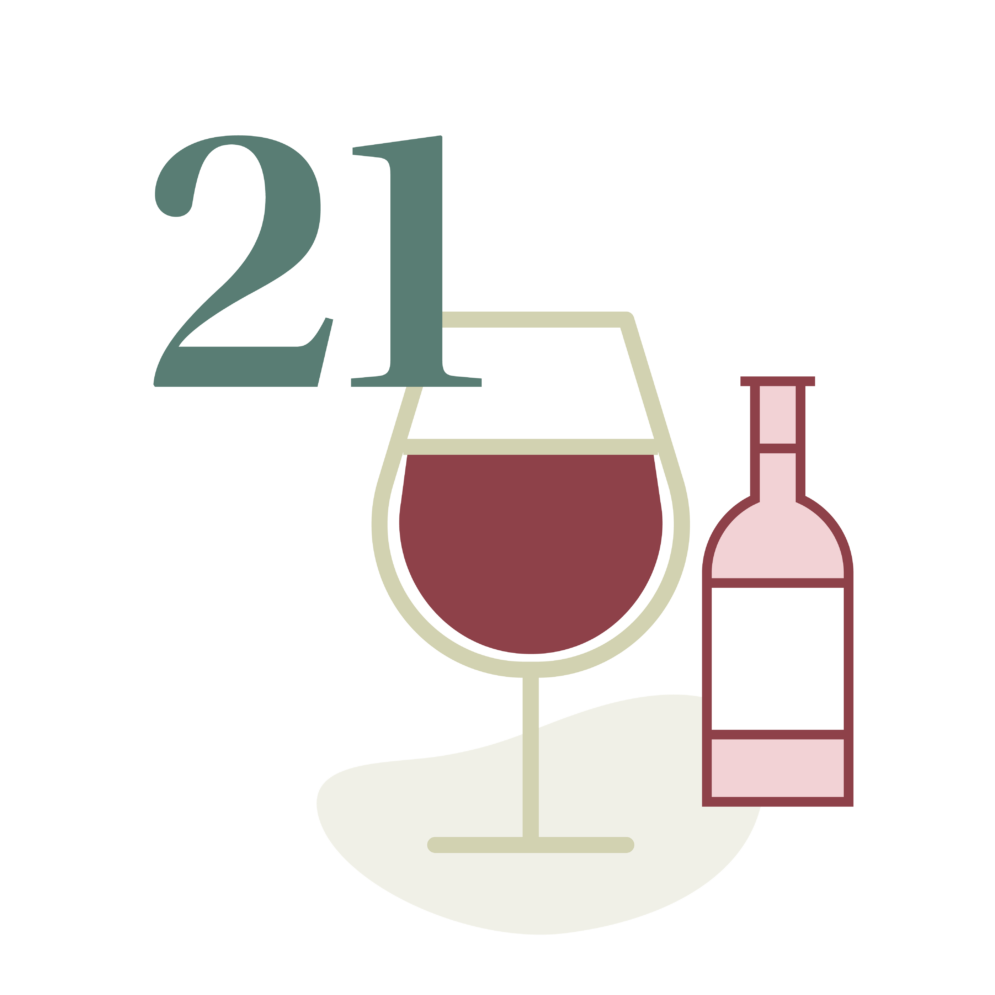 The number 21 with an illustration of a wine bottle and glass