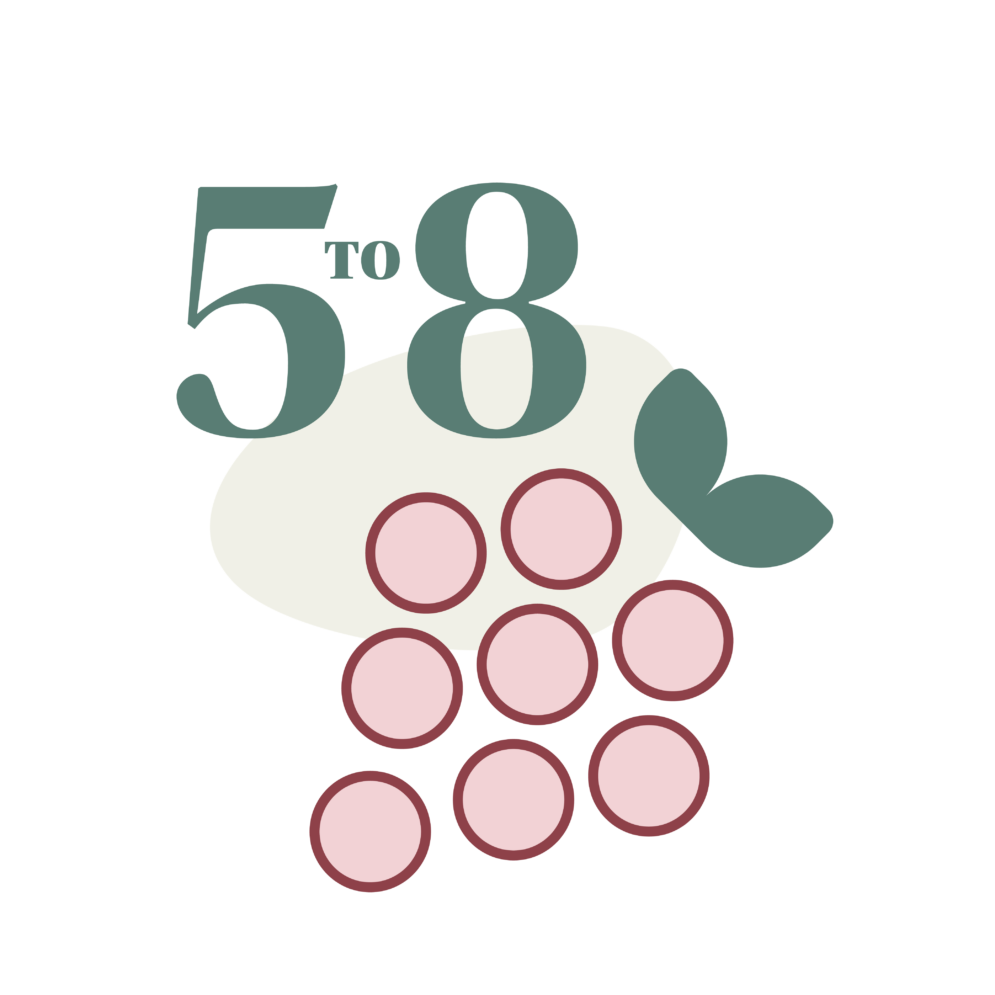 The numbers 5 to 8 and an illustration of a cluster of grapes