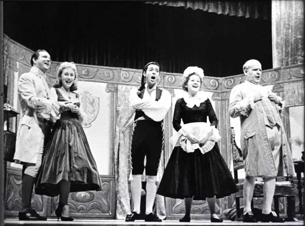 Theatre students performing on stage in the 1940s.
