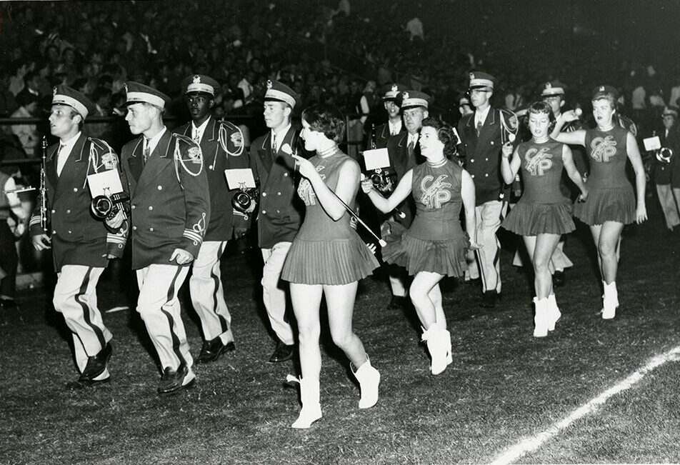 The Cal Poly Band marching on the field.