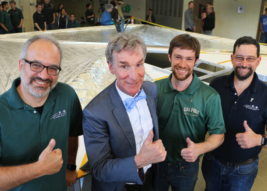 Bill Nye “the Science Guy” on campus for LightSail deployment in the Bonderson Projects Center. Jordi Puig-Suari, Bill Nye, Justin Foley, John Bellardo.