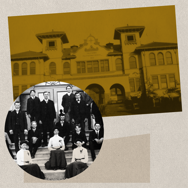 A collage of images of the first admin building and the graduating class of 1907.