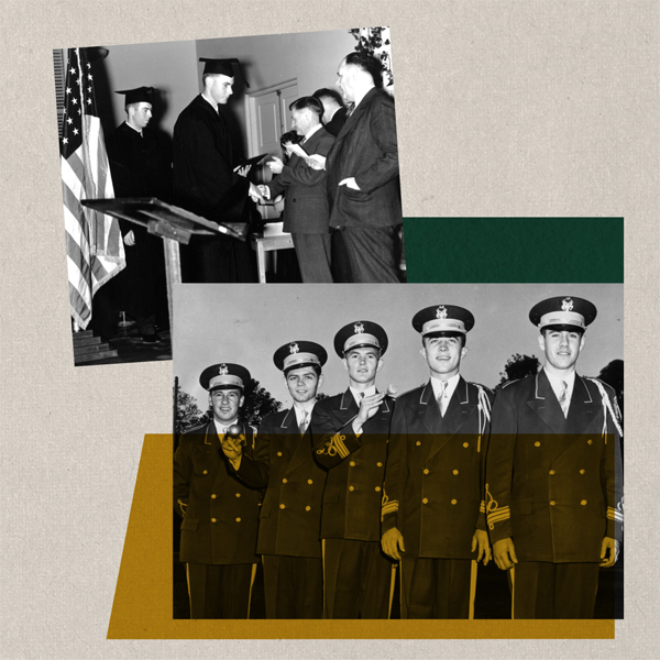 A collage of images, including the first degrees being awarded and ROTC.