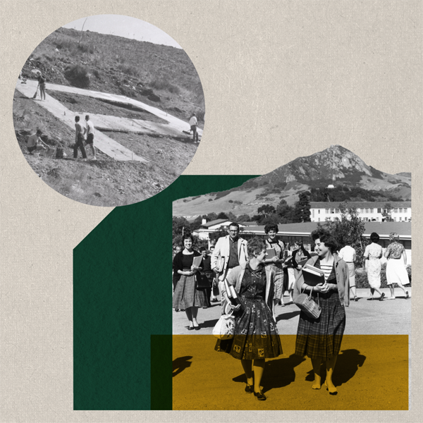 Collage images of the Cal Poly P and students walking on campus in the 1950s