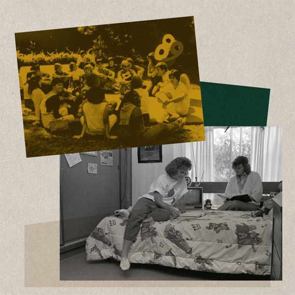 Collage images of a 1980s WOW group and a student's residence hall room.