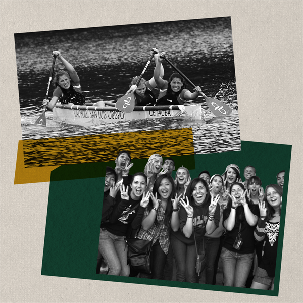 A collage of black and white photos including images of a student group and students paddling a canoe on water