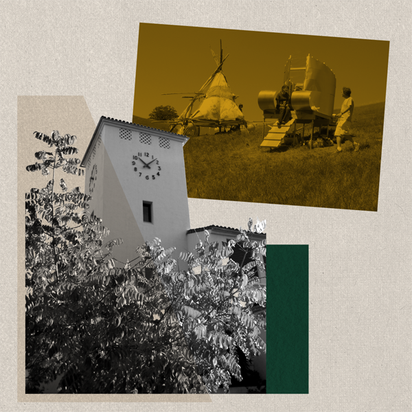 A collage of images of the clock tower and Design Village structures.
