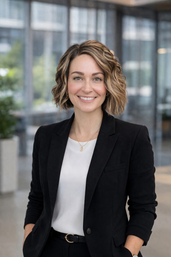 A woman in business attire poses for a portrait