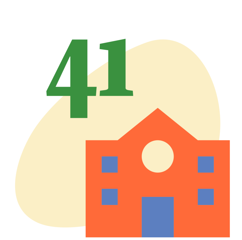 An illustrated icon of a schoolhouse, with the number 41